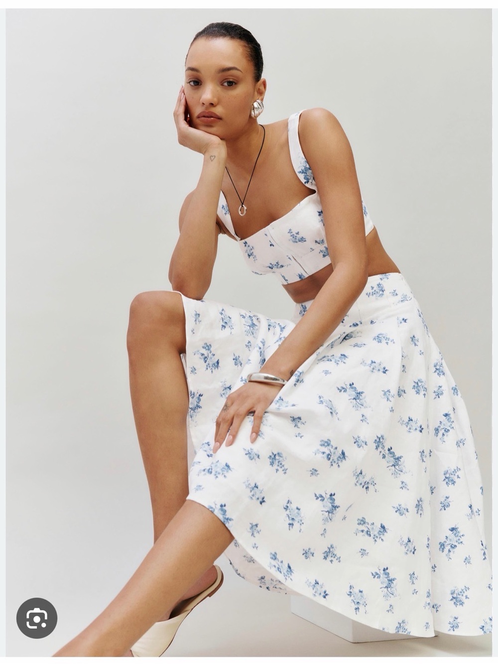 Reformation White Midi Skirt with Blue Floral Print
